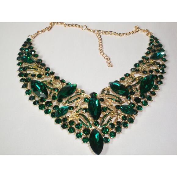 Green 2 pcs Statement Rhinestone Necklace Set, Bridal Party Drag Queen Necklace - Picture 6 of 8